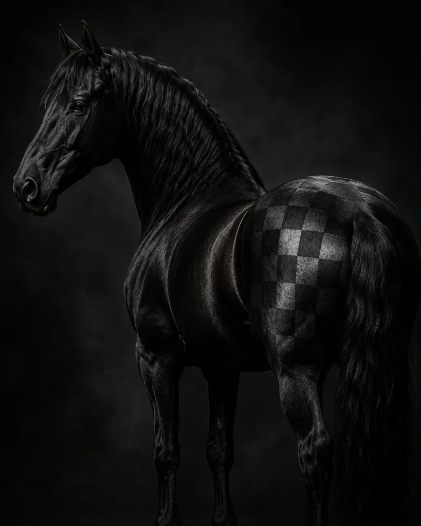 A black horse in low light with a chequered pattern across its hindquarters